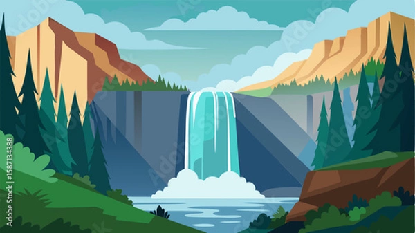 Fototapeta The power and grace of a massive waterfall surrounded by the tranquil stillness of the forest.