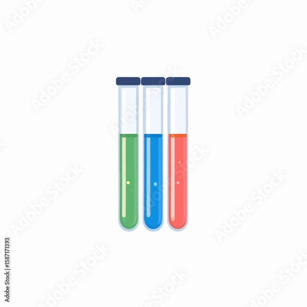 Fototapeta Three test tubes filled with colorful liquids, standing upright against a white background.