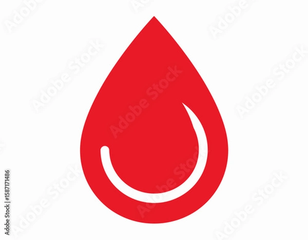 Fototapeta A stylized, single red drop of blood, with a curved white accent, against a white background.