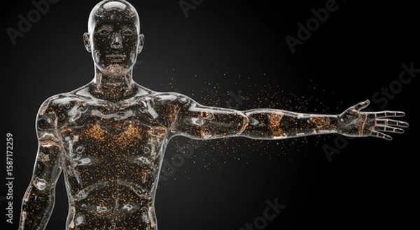 Fototapeta Transparent Human Figure with Glowing Particles, representing the essence of futuristic technology