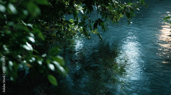 Obraz 緑のある水辺に降り続ける雨