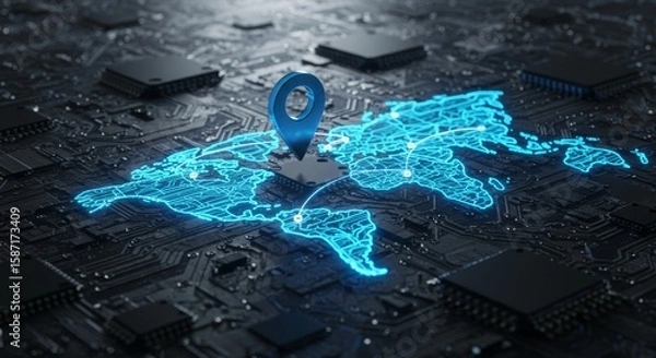 Fototapeta Digital world map glowing on circuit board for global connectivity