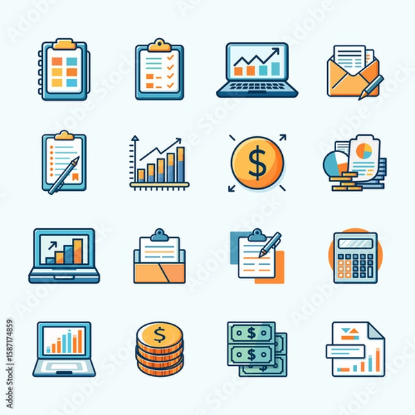Fototapeta Collection of Business Icons Illustrating Data Analysis, Financial Strategy, and Growth Metrics in a Digital Workspace Setting