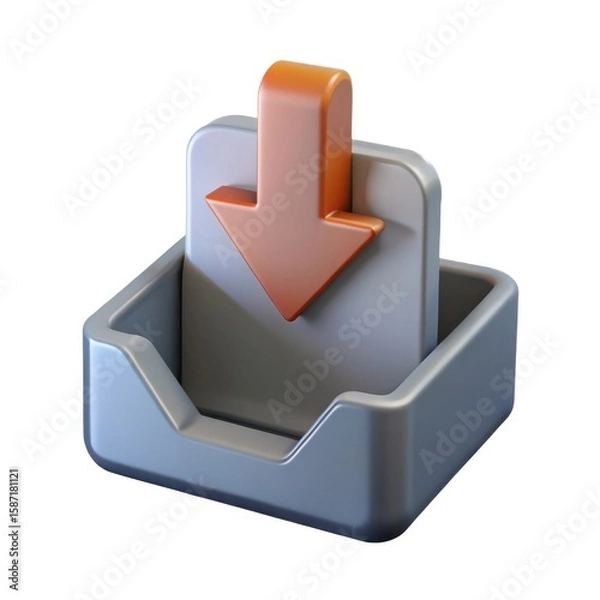 Fototapeta 3d rendering of a download icon with an orange arrow pointing down into a gray tray isolated on white background