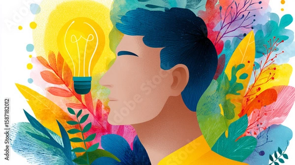 Fototapeta Man with a bright idea lightbulb and colorful plants