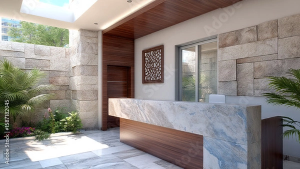 Fototapeta Modern reception desk with stone and wood elements