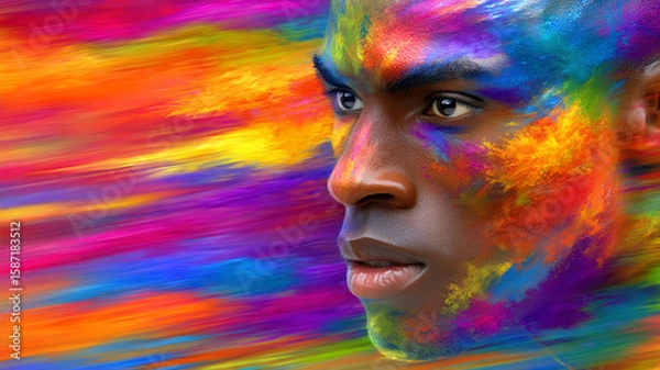 Fototapeta Mans face covered in vibrant, abstract paint strokes and colors