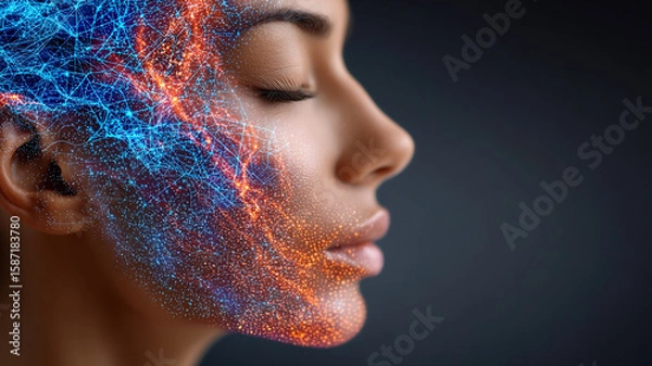Fototapeta Womans face illuminated by glowing digital neural network