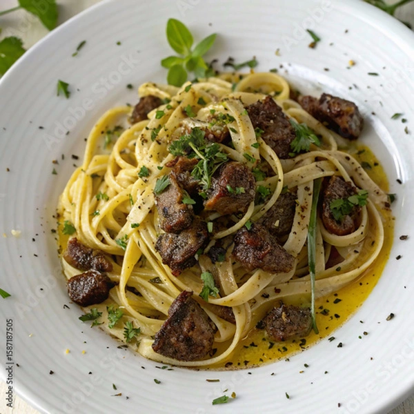 Fototapeta Top View of Linguine Pasta with Crispy Fried Chicken Liver