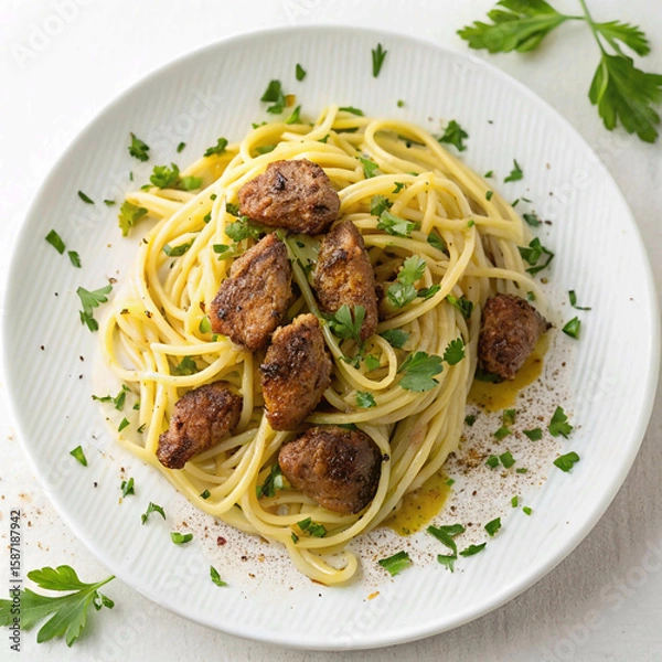 Fototapeta Top View of Linguine Pasta with Crispy Fried Chicken Liver