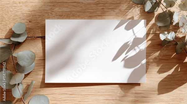 Obraz ユーカリの葉と影が美しい木製背景の横のA4用紙モックアップ、ミニマル, 清潔感, 自然光, シンプル, 上品, デザイン素材