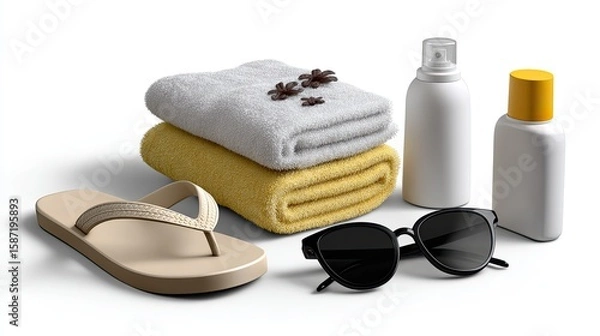 Fototapeta Beach essentials arranged on a white surface, including towels, sunglasses, and sunscreen.
