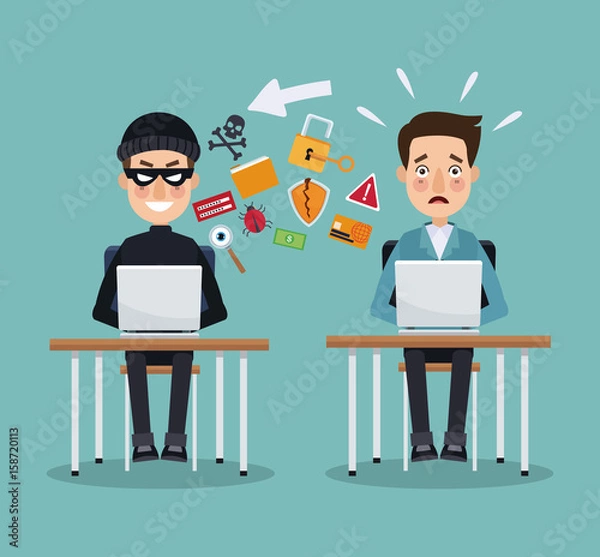 Fototapeta scene color thief hacker and programmer man in desk with laptops preventing attack vector illustration