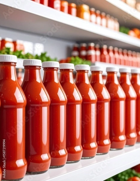 Fototapeta Many bottles of tomato ketchup on the shelf