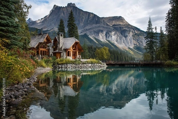 Fototapeta A serene lakeside cabin surrounded by mountains and trees. The water reflects the landscape, creating a peaceful atmosphere.