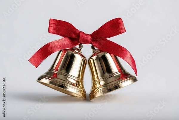 Fototapeta Two golden bells tied with a red ribbon. The bells are shiny and decorative, suitable for festive occasions. They symbolize celebration and joy.