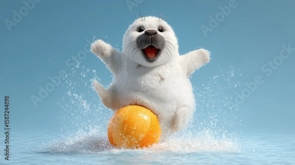 Fototapeta A joyful cartoon seal balances on a bright orange ball in the water, splashing around with excitement.