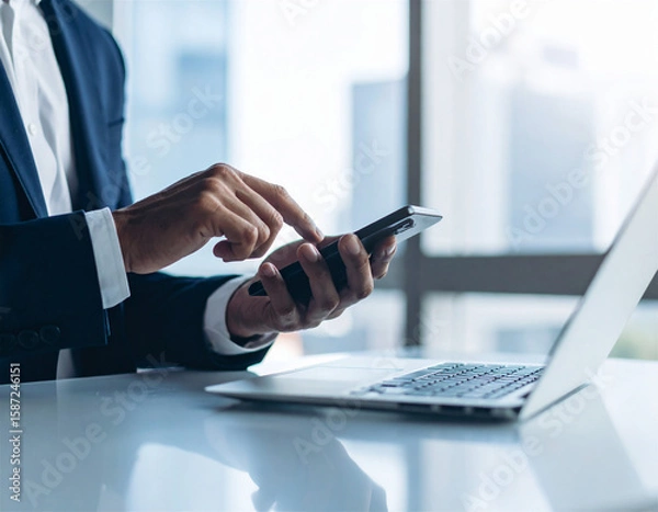 Obraz スマートフォンとパソコンを使ったビジネスコミュニケーション、モバイルワーク時代の働き方イメージ