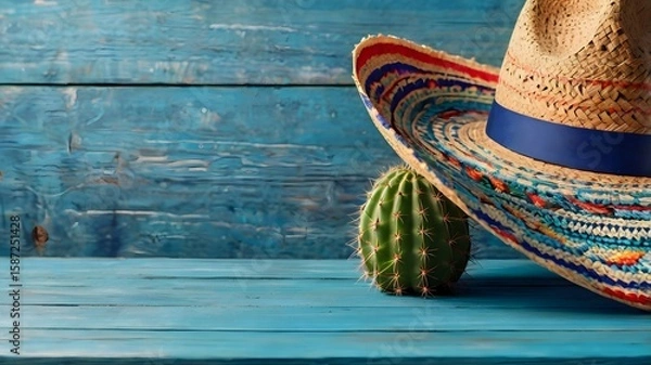 Fototapeta A traditional Mexican sombrero and a small cactus are displayed on a rustic blue wooden surface, evoking a sense of fiesta and cultural celebration.