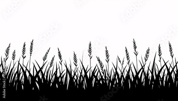 Fototapeta Black and white minimalist grass silhouette; nature border, simple design, elegant and serene mood.
