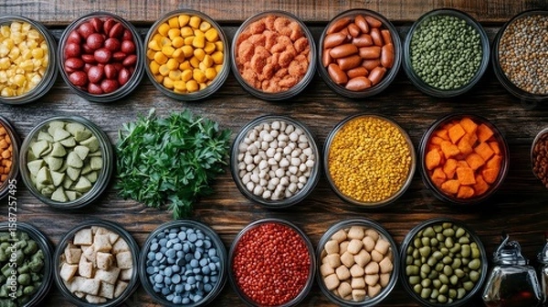 Fototapeta Colorful Arrangement of Various Dried Legumes and Spices in Bowls