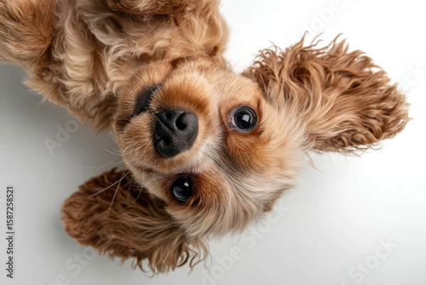 Fototapeta Cocker spaniel dog with fluffy fur and big eyes, looking playfully at camera
