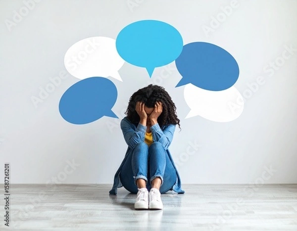 Fototapeta Muted Blue Lonely Figure with Floating Message Bubbles, a symbolic concept of digital anxiety