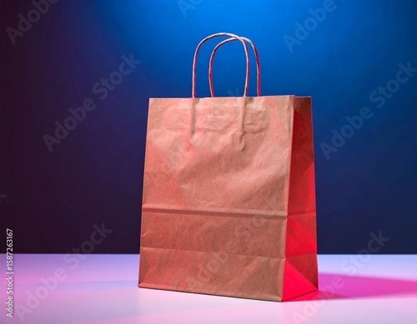 Fototapeta Bold Minimalist Kraft Paper Bag on Neon Studio Background, a Modern Concept for Packaging or Branding Mockup