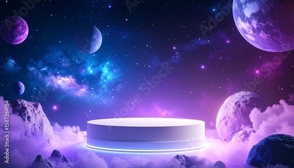 Fototapeta Galactic Product Pedestal in Nebula Skyscape, a Surreal Sci-Fi Scene for Branding or Imaginative Showcase

