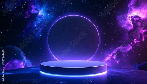 Fototapeta Dreamy Purple Space Podium Floating Among Planets and Stars, a Magical Display Concept for Futuristic Product Presentation