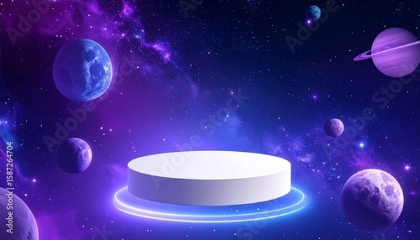 Fototapeta Outer Space Inspired White Podium with Fantasy Cosmos Background, a Mystical Visual for Tech or Beauty Promotions
