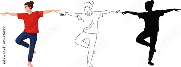 Fototapeta Woman balances in tree yoga pose, with color, line, and silhouette styles