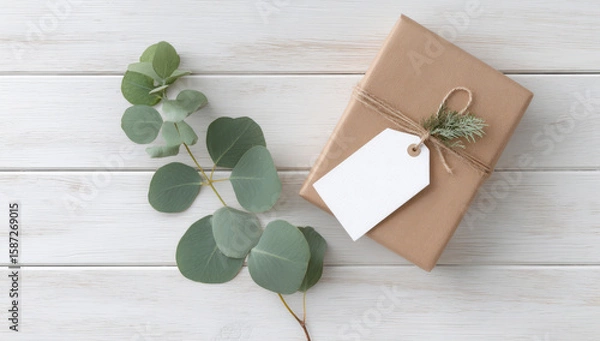 Fototapeta Wrapped gift with blank tag and eucalyptus leaves on wooden surface, creating serene atmosphere