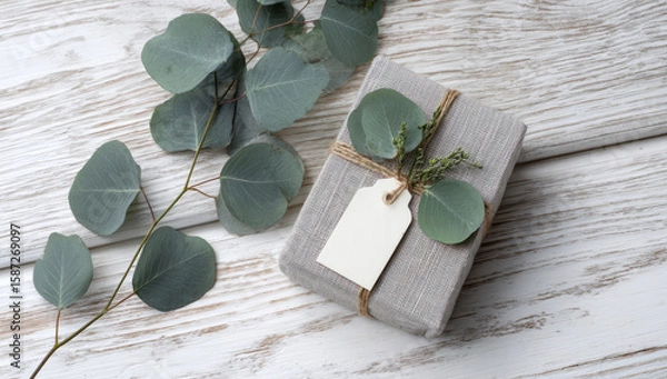 Fototapeta Elegant gift wrapped in linen with eucalyptus leaves and blank tag