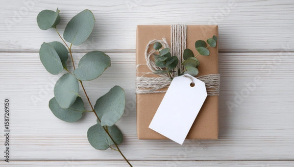 Fototapeta Beautifully wrapped gift with natural elements, featuring brown paper package adorned with twine