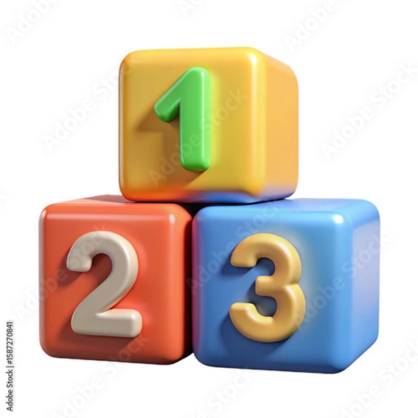 Fototapeta Preschool number 123 block 3d icon isolated on illustration png background of one two three education cube brick concept or school learn child play toy sign and kid math count box simple study symbol.