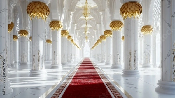 Fototapeta Opulent hall with marble columns, chandeliers and red carpet perspective