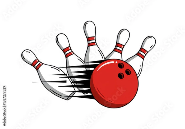 Fototapeta Red bowling ball striking pins with motion blur isolated on white background