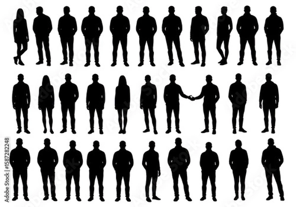 Fototapeta Collection of diverse human silhouettes standing in rows isolated on white background