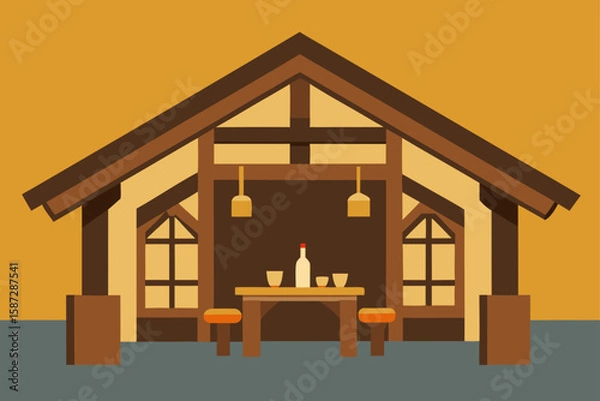 Fototapeta rustic tavern with aged wood beams and handmade