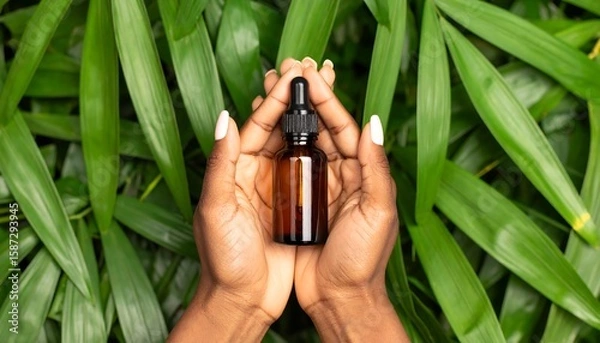 Obraz Hands holding a small amber bottle