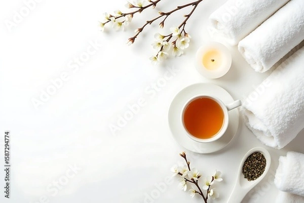 Obraz Spa relaxation concept with tea towels candle and flowers for wellness and self care flat lay style 