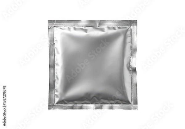 Fototapeta Blank silver foil sachet packet with sealed edges isolated on white background