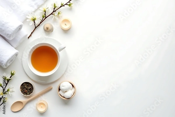 Obraz Wellness spa tea time concept with white towels candles and flowers for relaxation and mindfulness 