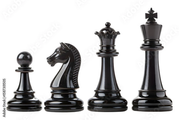 Fototapeta Four black chess pieces including a pawn knight queen and king arranged in a row isolated on transparent background