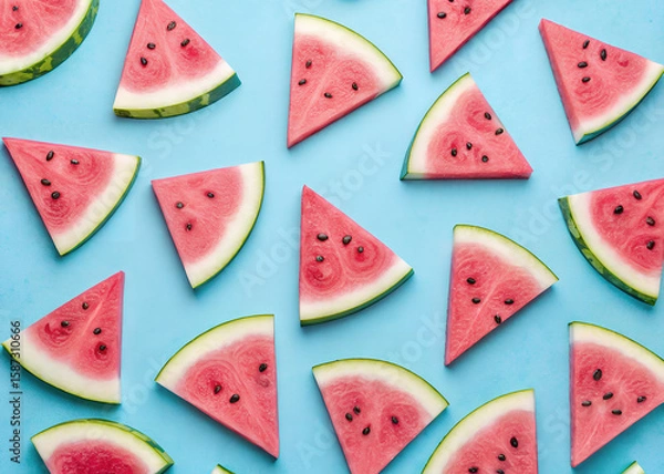 Fototapeta Watermelon Slices: A vibrant array of fresh watermelon slices scattered on a cheerful blue surface, presenting a refreshing summer treat and delightful visual.