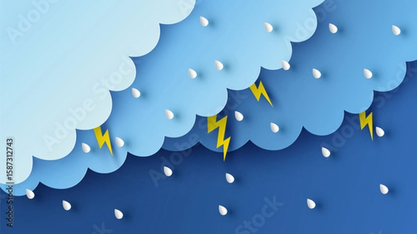 Obraz Illustration of Cloud and rain on dark background. heavy rain, rainy season, paper cut and craft style. vector, illustration.