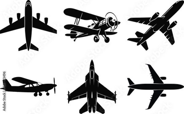 Fototapeta Silhouette vector illustration of assorted airplanes including biplane, jet, and small aircraft in black on white background.