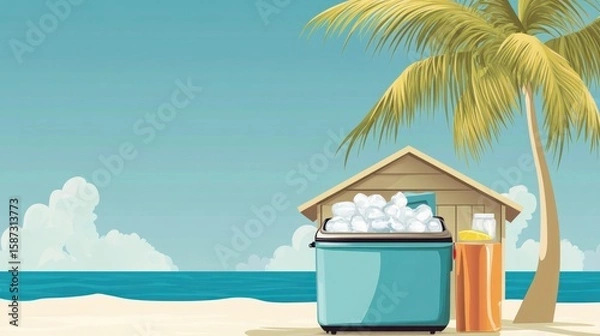 Fototapeta A refreshing beach scene showcases a cooler filled with ice, a beverage container, and a palm tree, evoking a summer vibe with a coastal landscape and clear blue sky.