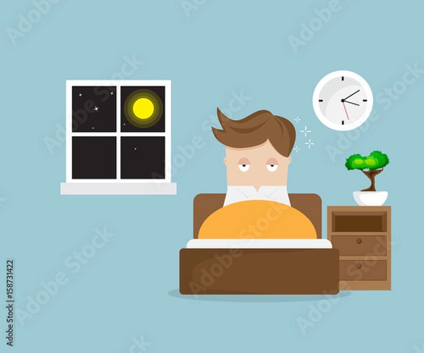 Fototapeta sleepless man cartoon character on bed in night